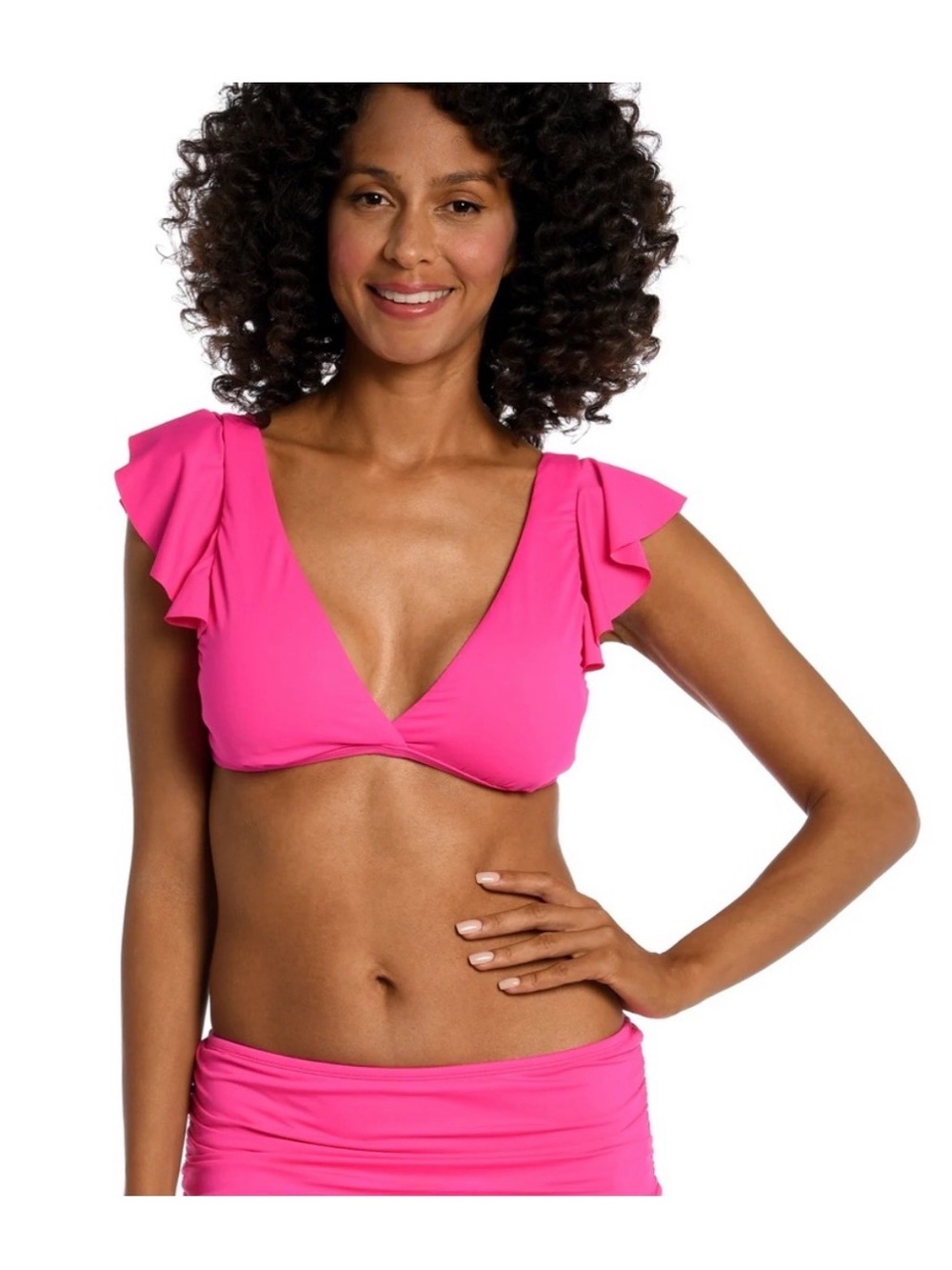 La Blanca Island Goddess Ruffled Flutter Sleeve Bikini Top - Bright Pink